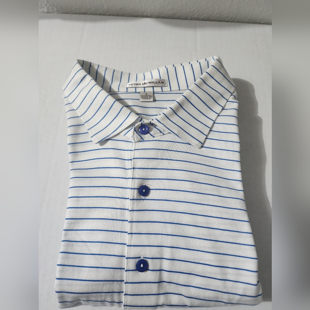 Peter Millar Men Polo Shirt Blue White Stripe Cotton Golf Short Sleeve Size L - Picture 7 of 7